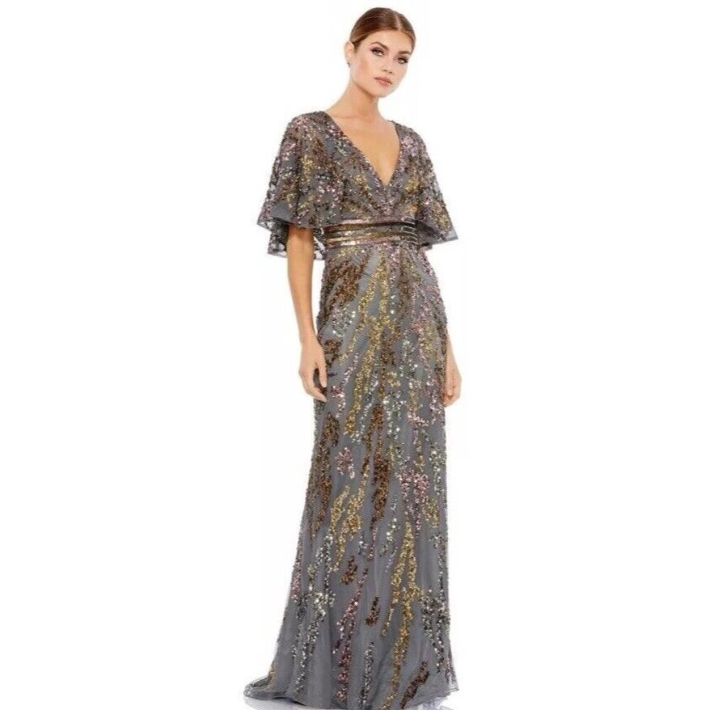 Mac Duggal Gown Dress Size 4 Sequined Charcoal Cape Sleeve 5439 $698